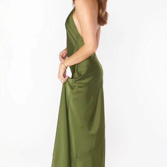 show me your mumu jasmine halter olive green satin bridesmaid dress - Picture 5 of 5